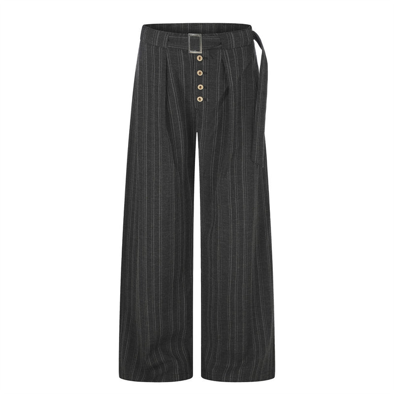 Men's Striped Wide-Leg Trousers with Button Fly and Belt
