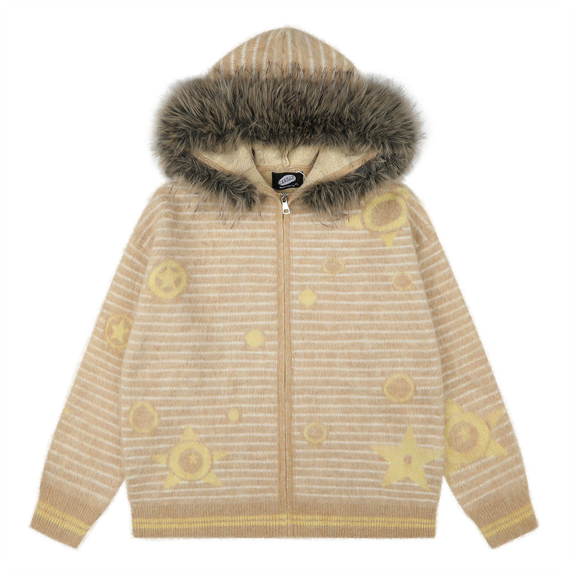 Striped Fur-Trim Zip-Up Knit Hoodie with Star & Circle Print