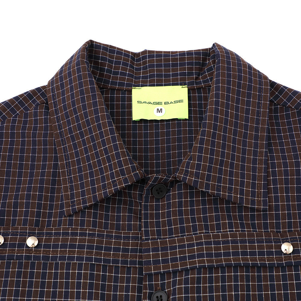 Plaid Short Sleeve Shirt with Pearl Studs – Oversized Hip Hop Streetwear
