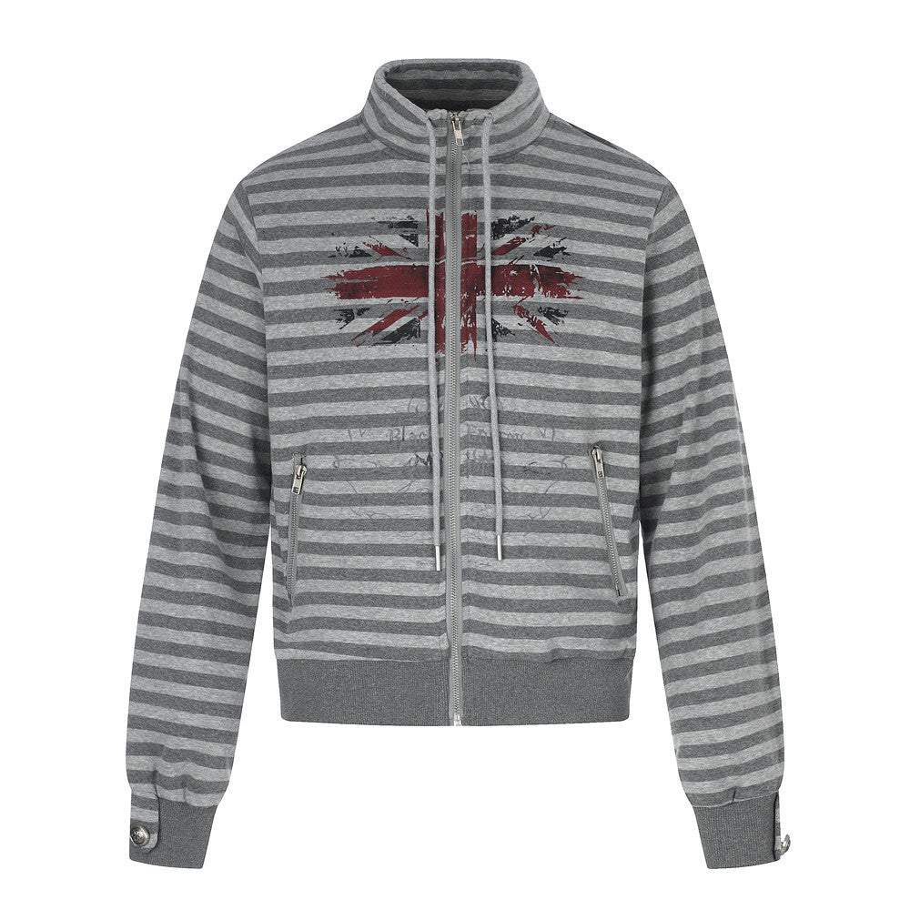 Gray Zip Up Jacket Striped Union Jack Stand Collar Unisex Sweatshirt Coat
