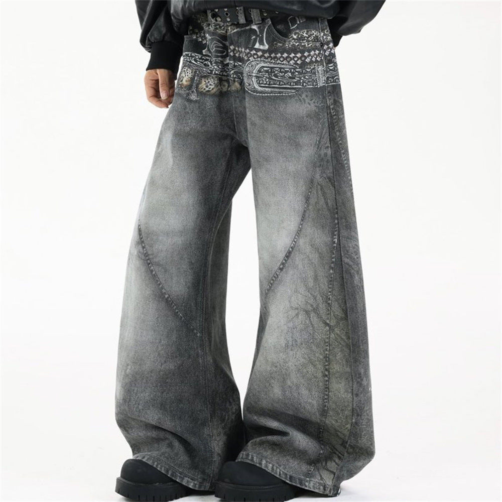 Baggy Wide-Leg Jeans – Paisley Graphic Waistband, Acid-Washed Grey Denim