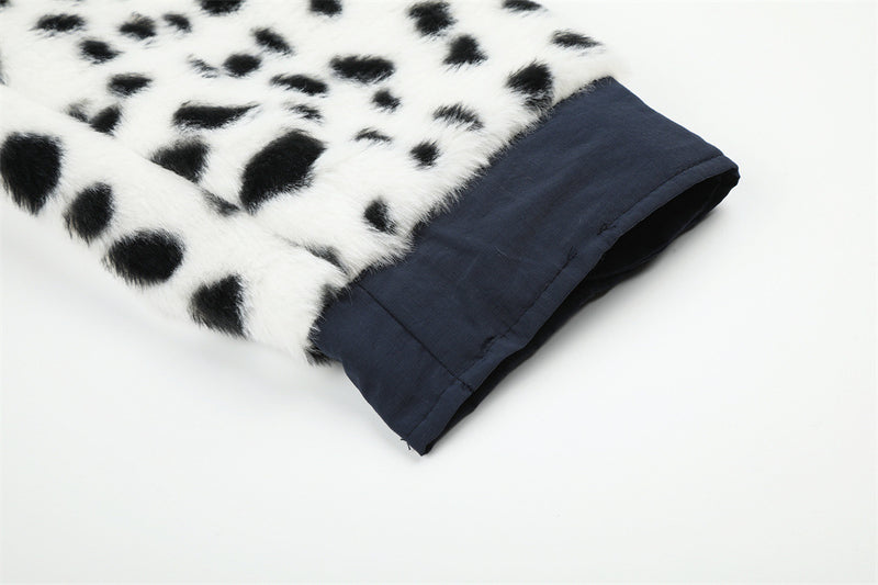 Reversible Stand-Collar Jacket Men's Dalmatian Faux Fur & Nylon Oversized Bomber