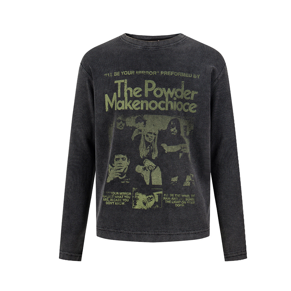 Langarmshirt aus schwarzem Waffelstrick mit verwaschenem olivfarbenem Vintage-Rockkonzert-Grafikprint auf der Vorderseite
