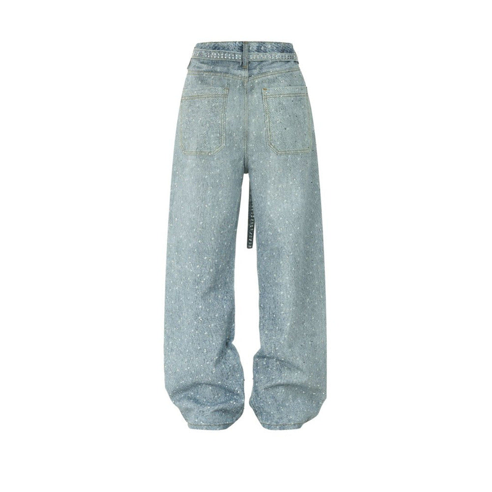 Y2K Baggy Jeans Mens Wide-Leg Rhinestone Embellished Denim Pants