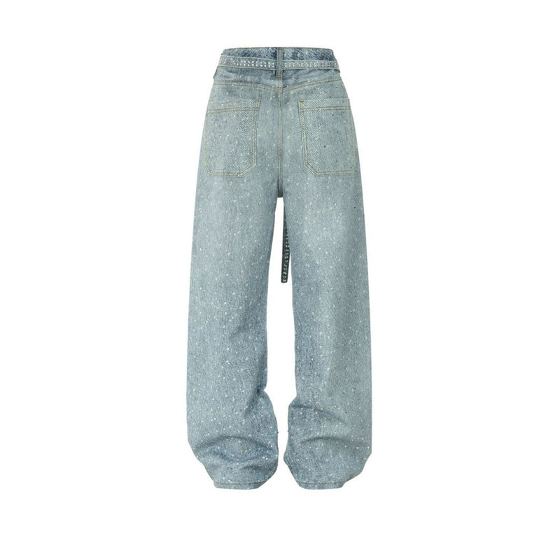 Y2K Baggy Jeans Mens Wide-Leg Rhinestone Embellished Denim Pants