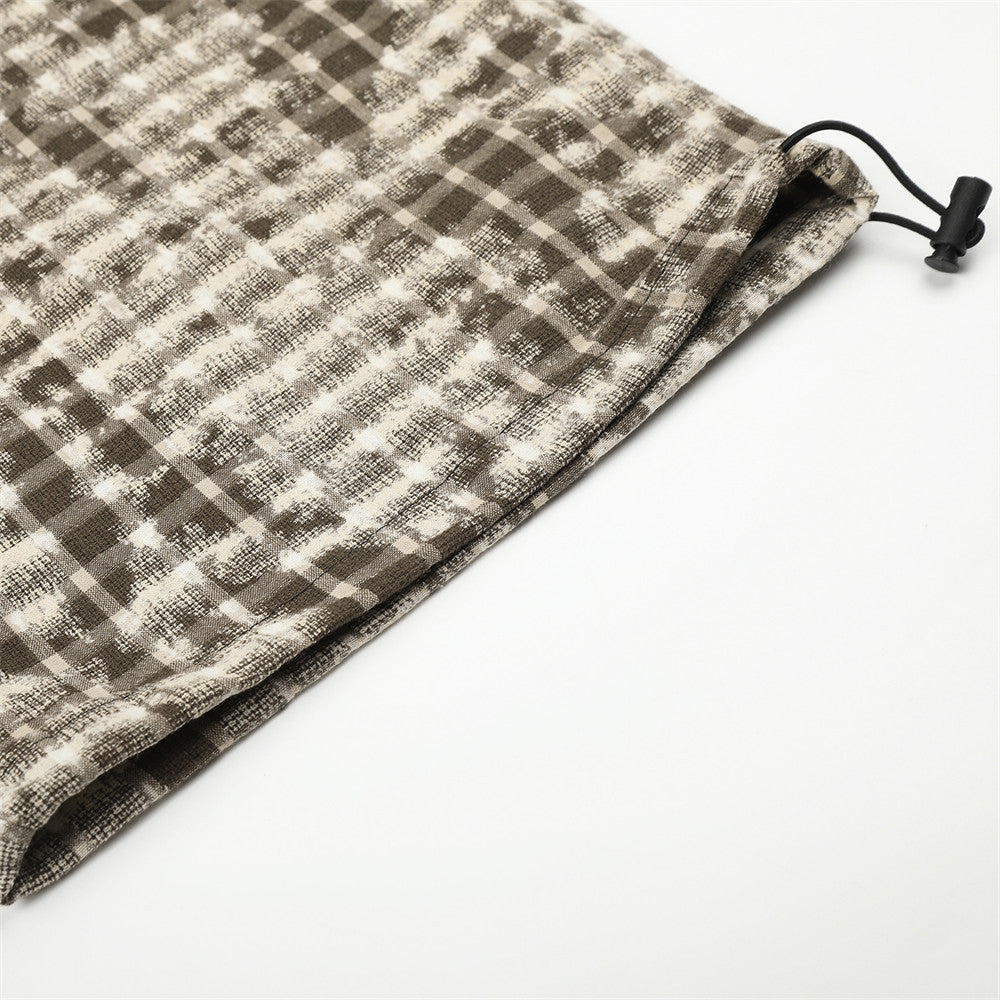 Brown Plaid Wide-Leg Pants – Distressed Tie-Dye Vintage Loose Straight Trousers