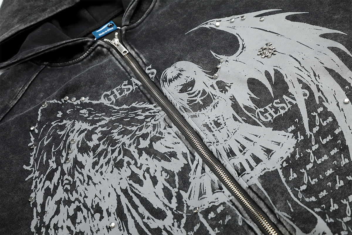 Anime Angel & Demon Graphic Zip-Up Hoodie – Acid Wash Oversized Streetwear