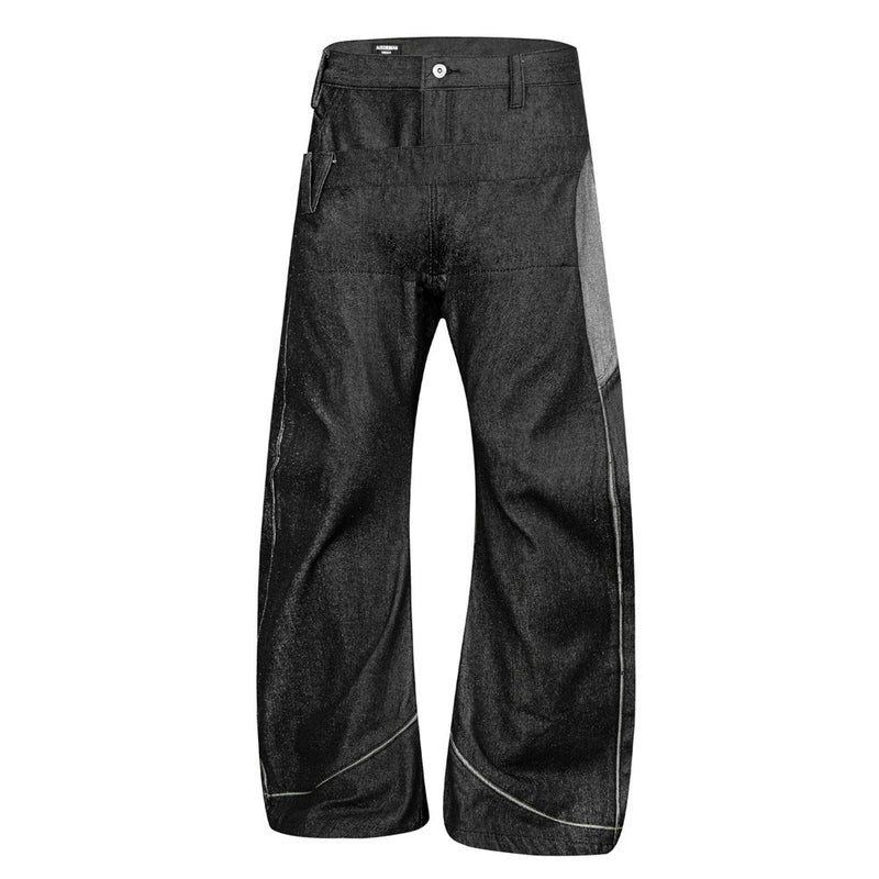 Jean homme en denim brut à jambes larges – Double ceinture, empiècements et silhouette incurvée