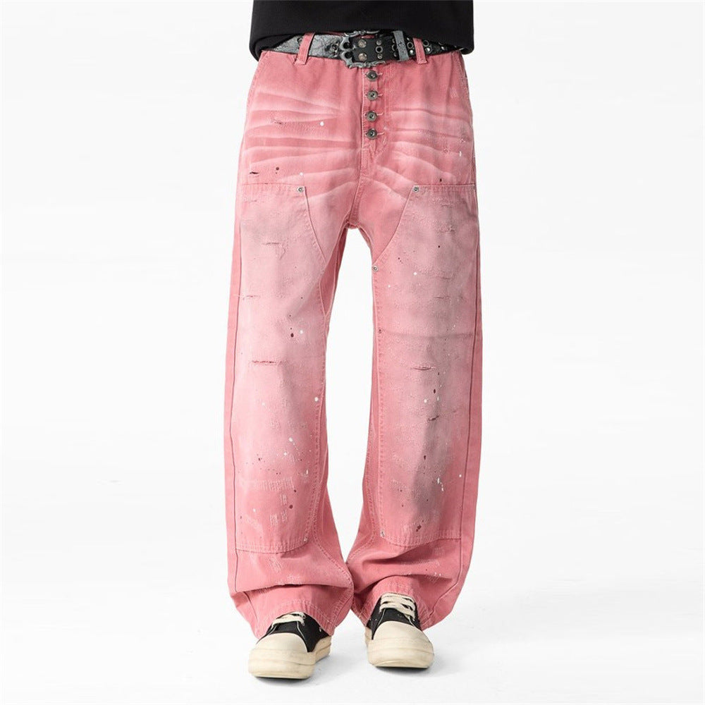 Rosa Canvas-Hose mit weitem Bein, Used-Details, Farbspritzern und Knopfleiste, Vorder- und Rückansicht