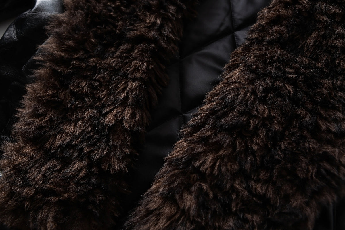 Men's Faux Shearling Collar Leather Bomber Jacket – Oversized Black Winter