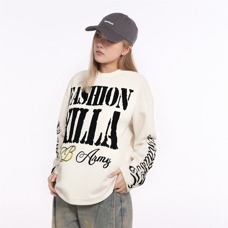 Fashion Killa Oversized Long Sleeve Graphic Tee – Waffle Knit Streetwear Top