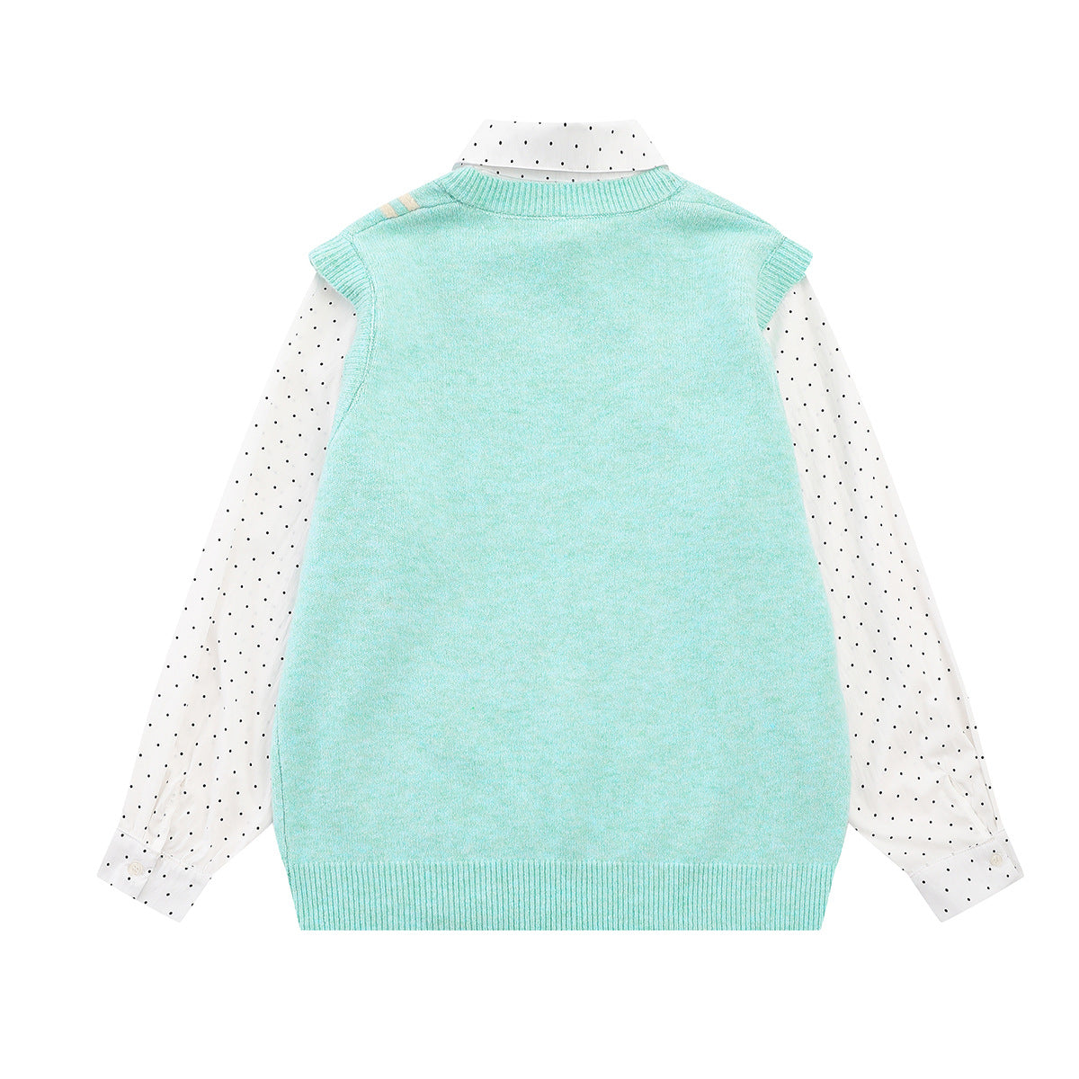 Sweater Faux Two-Piece Knit Vest with Polka Dot Shirt Collar & Bunny Embroidery
