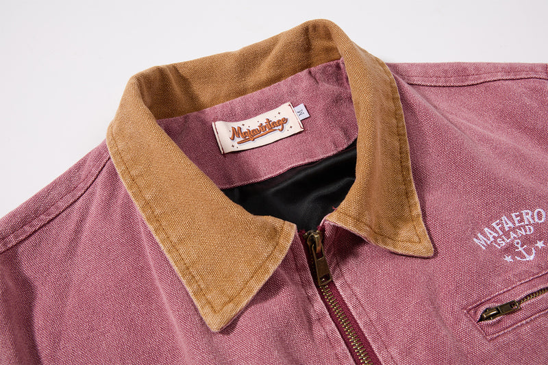 Chaqueta de lona lavada workwear con cuello de pana – Estilo barn de corte cuadrado