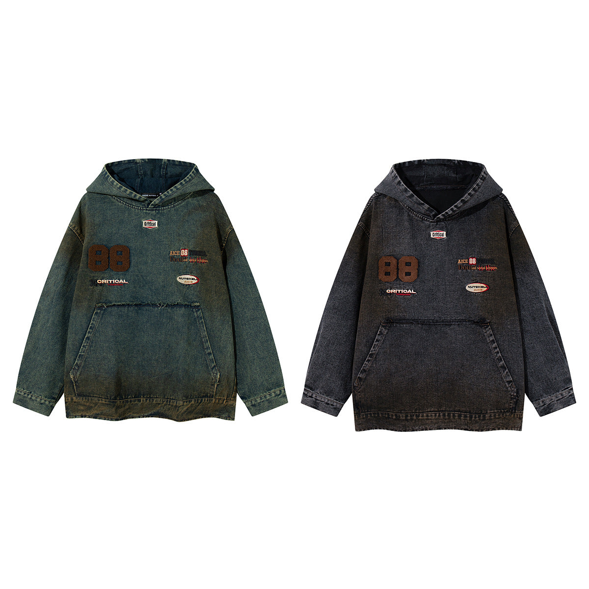 Boxy Washed Denim Hoodie Jacket with 88 Embroidered Patches