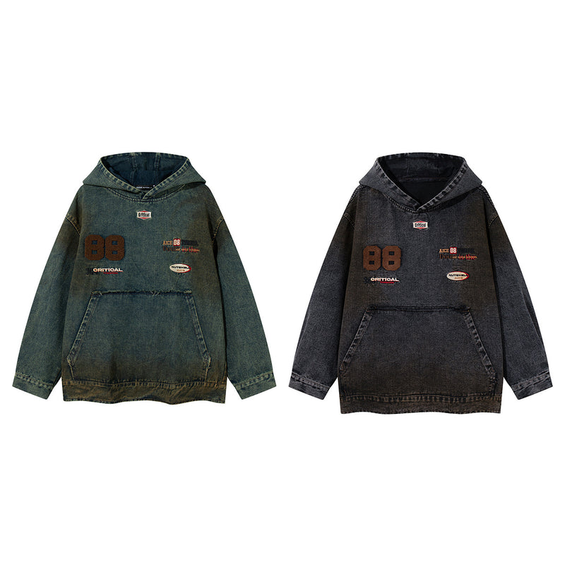 Boxy Washed Denim Hoodie Jacket with 88 Embroidered Patches