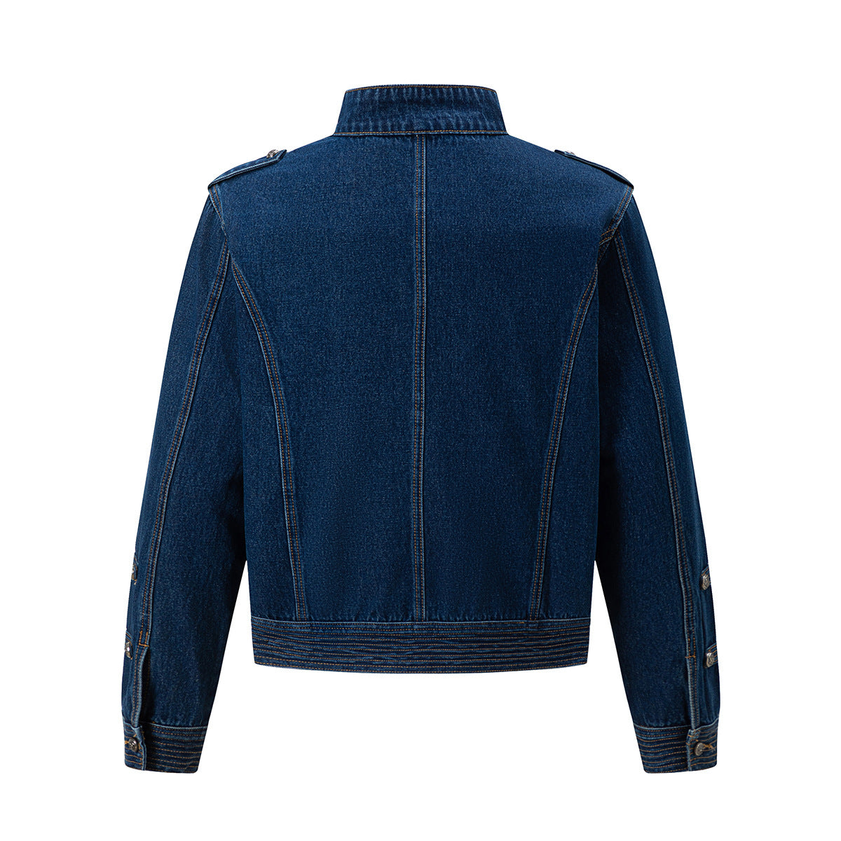 Veste en jean bleu foncé à col montant style militaire avec boutons décoratifs