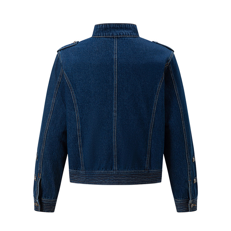 Veste en jean bleu foncé à col montant style militaire avec boutons décoratifs