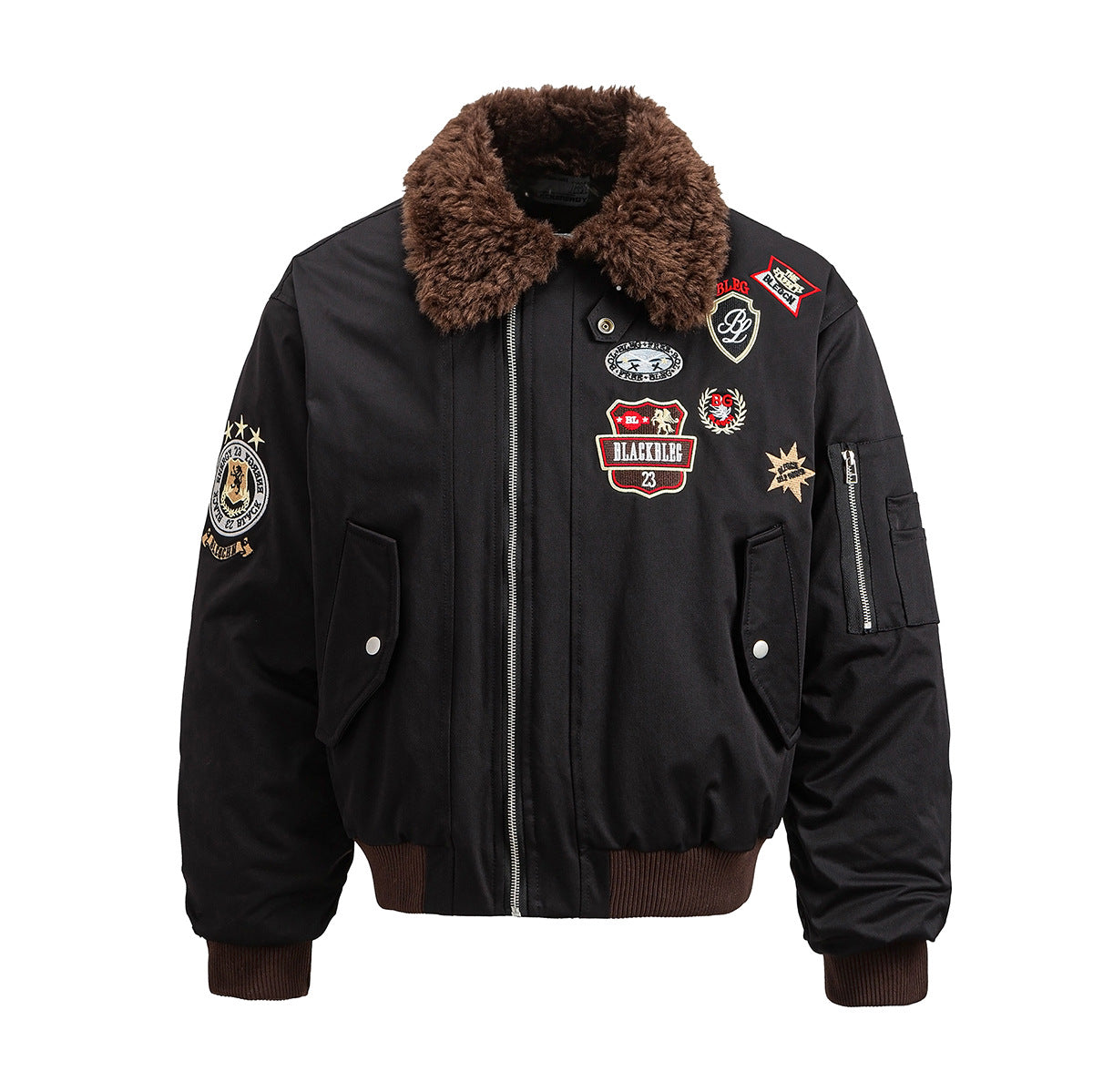 Patch Bomber Jacket with Shearling Collar – Quilted Lined Flight Jacket