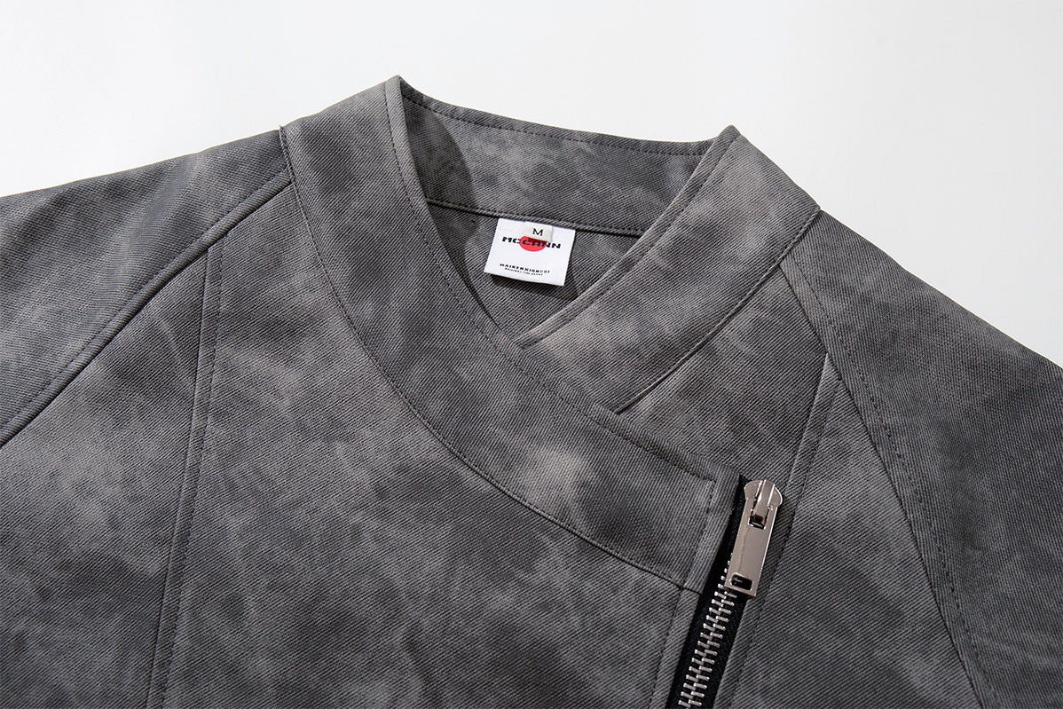 Distressed Grey Moto Jacket – Asymmetric Zip, Relaxed Fit
