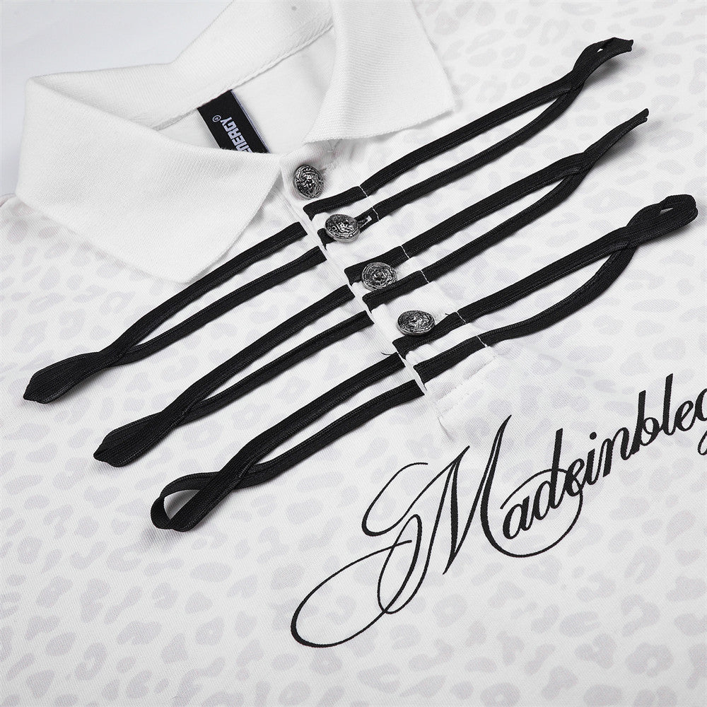 White Long Sleeve Polo Shirt with Leopard Texture, Stripe Collar & Ribbon Detail