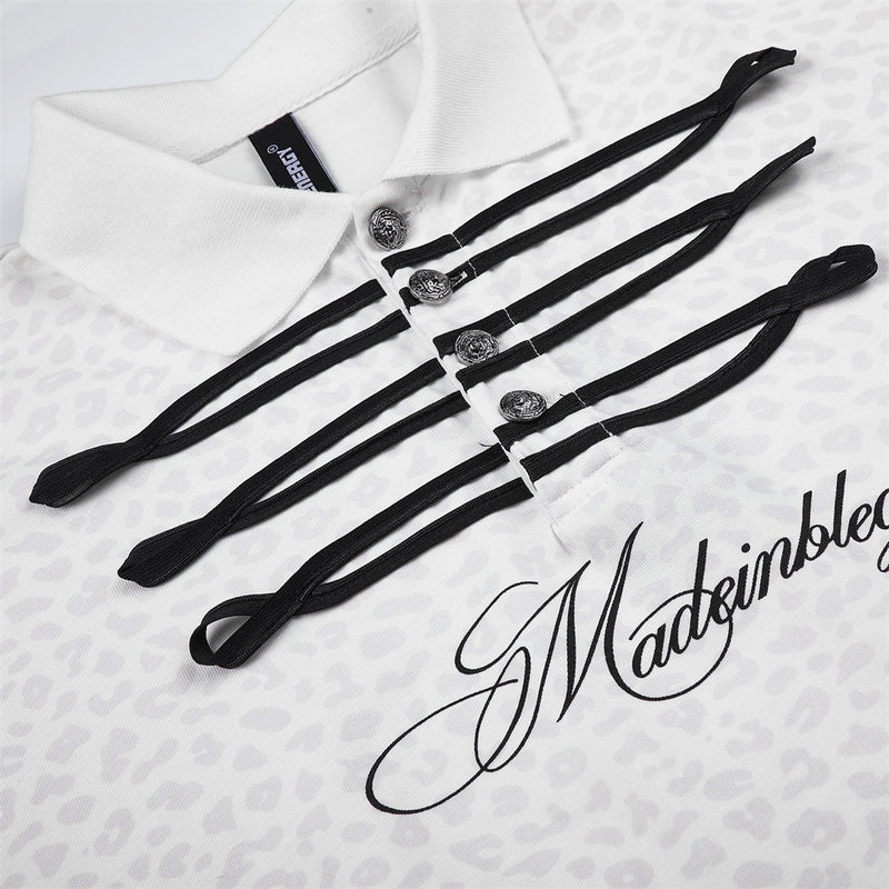White Long Sleeve Polo Shirt with Leopard Texture, Stripe Collar & Ribbon Detail