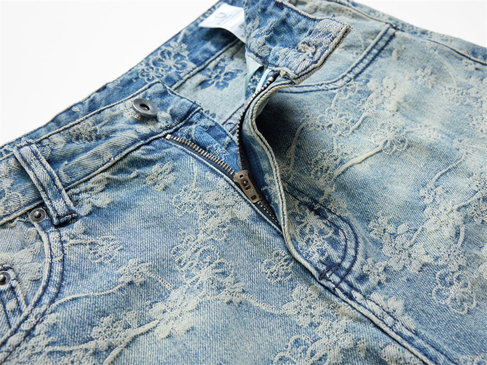 Loose Fit Wide-Leg Jeans – Floral Lace Embroidery, Washed Light Blue Denim