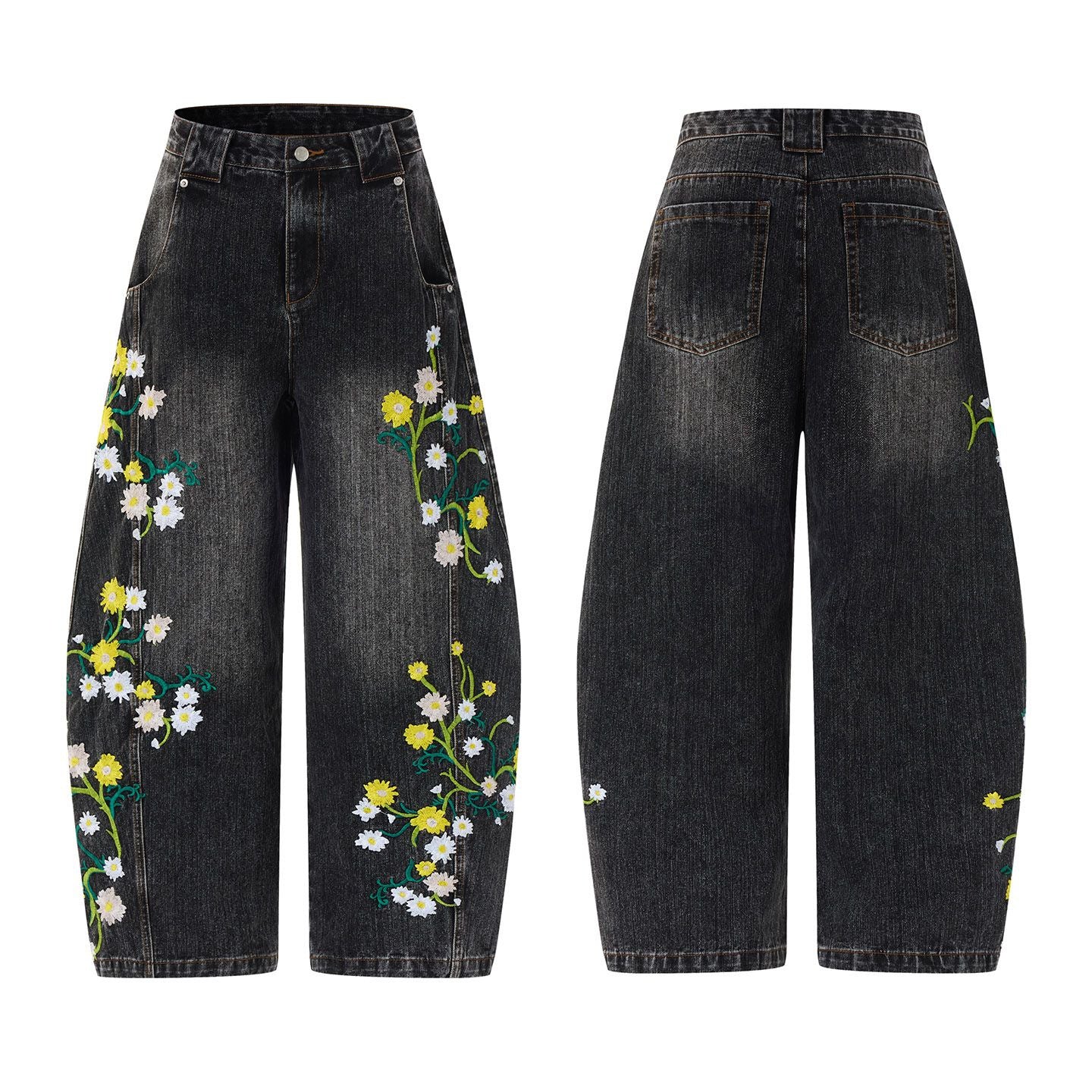 Floral Embroidered Wide-Leg Jeans – Men's Barrel Fit Washed Denim