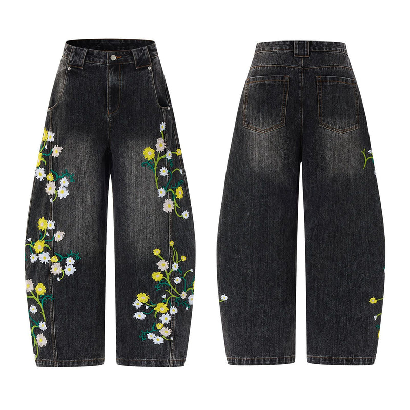 Floral Embroidered Wide-Leg Jeans – Men's Barrel Fit Washed Denim