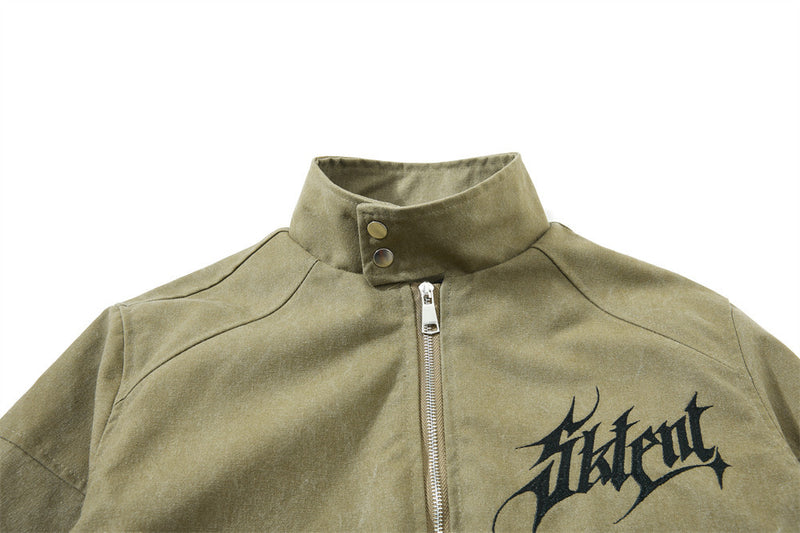 Gothic Letter Embroidered Cargo Bomber Jacket – Stand Collar, Multi-Pocket