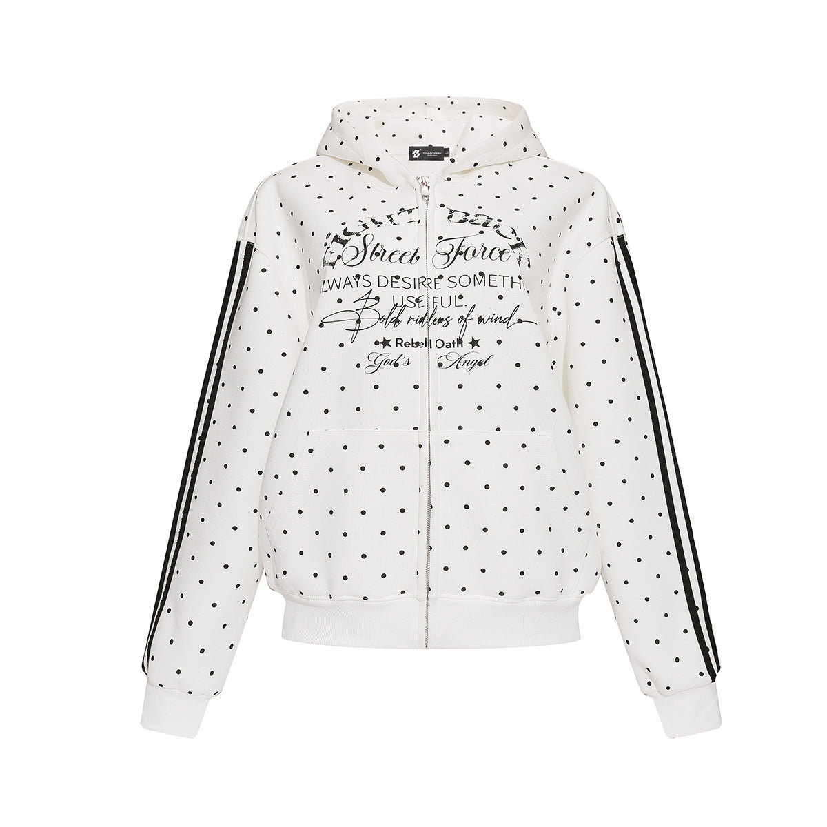 Punktierter Zip-Hoodie mit Street-Grafikprint und seitlichen Streifendetails