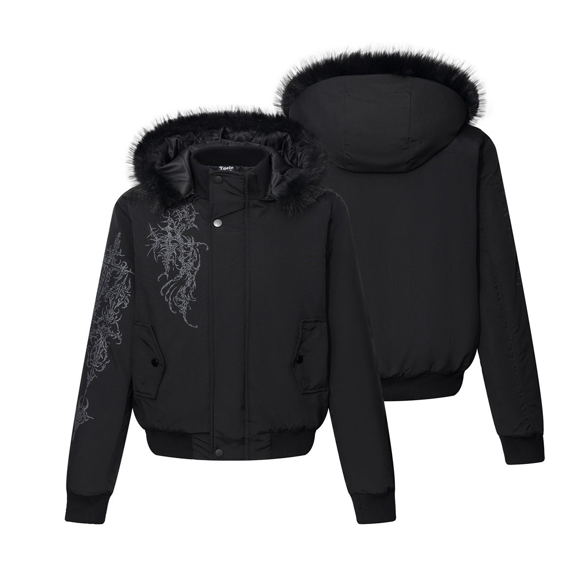 Men's Faux Fur Hood Bomber Jacket – Black Gothic Graphic Padded Coat