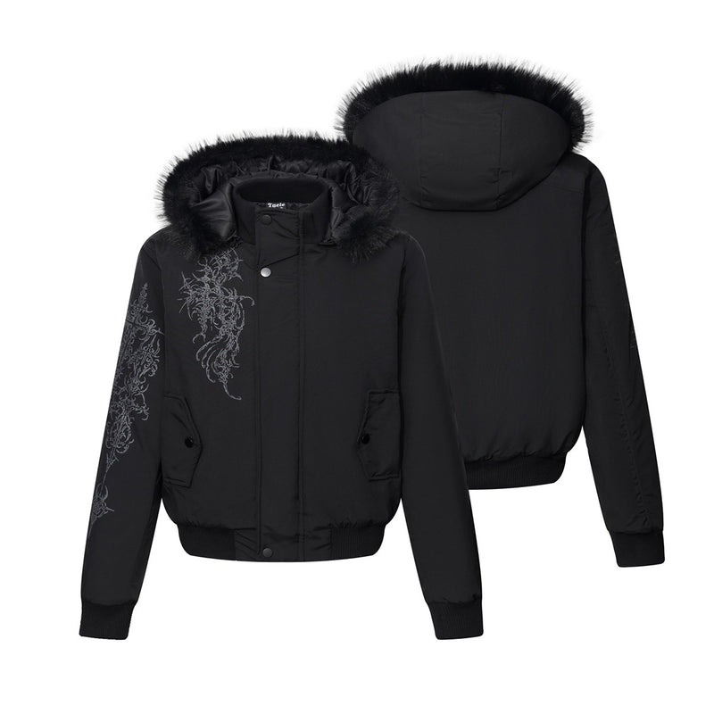 Men's Faux Fur Hood Bomber Jacket – Black Gothic Graphic Padded Coat