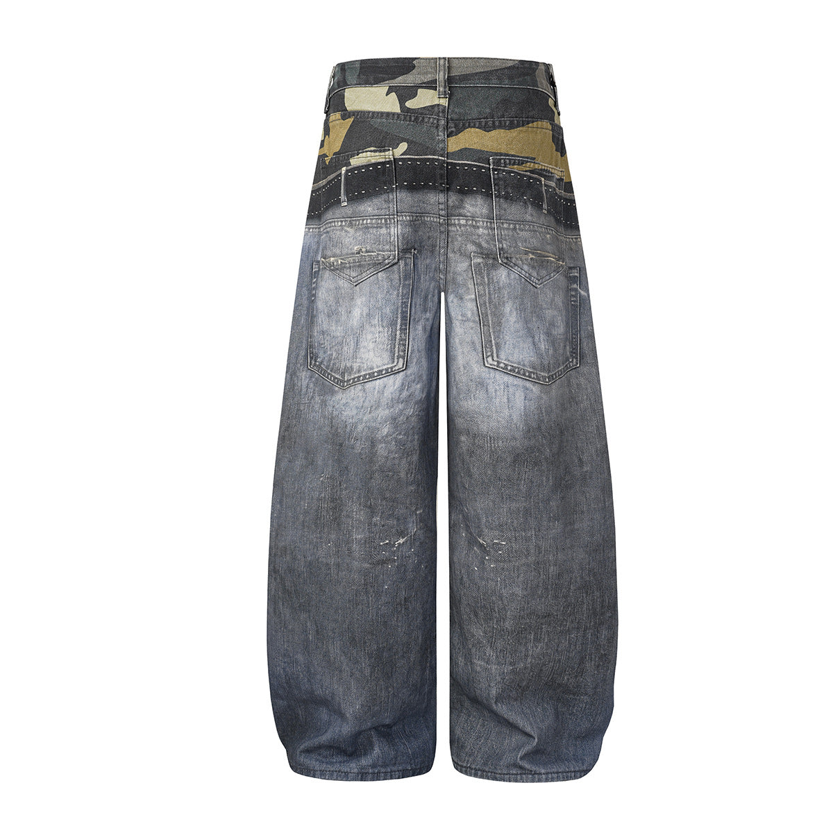 Baggy Wide-Leg-Jeans – Camouflage-Patchwork, Distressed-Denim, Nähte mit Nieten & Gürtel