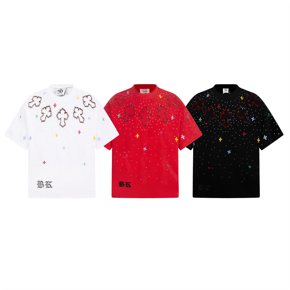 Cross Rhinestone Embroidery Oversized T-Shirt | Streetwear Graphic Tee