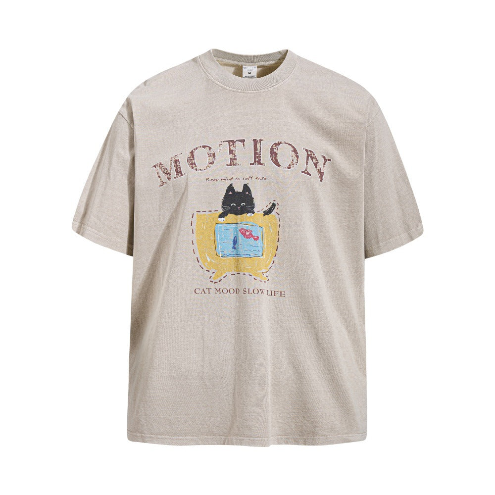 Motion Cat Mood Slow Life Graphic T-Shirt | Vintage Washed Cotton Tee