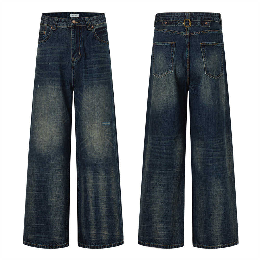 Wide-Leg Jeans – Vintage Washed Dark Blue with Distressed Details