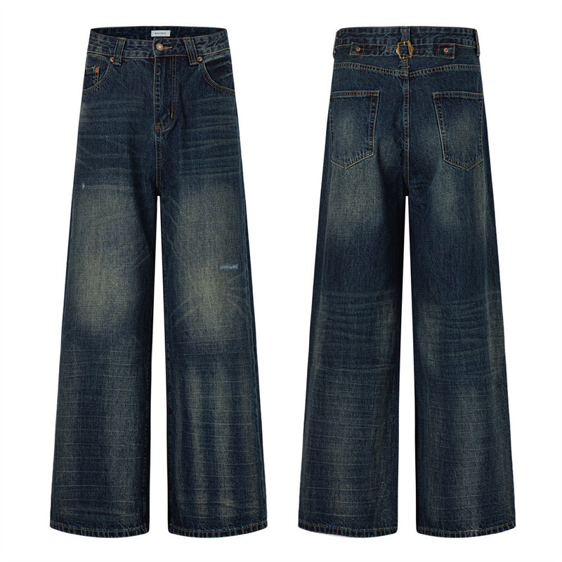 Wide-Leg Jeans – Vintage Washed Dark Blue with Distressed Details