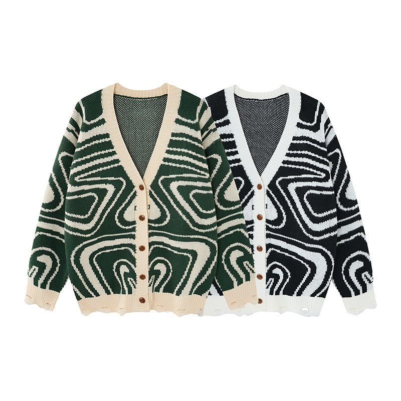 Abstrakter Wirbel-Strickcardigan – Oversized Pullover mit V-Ausschnitt und Knopfleiste