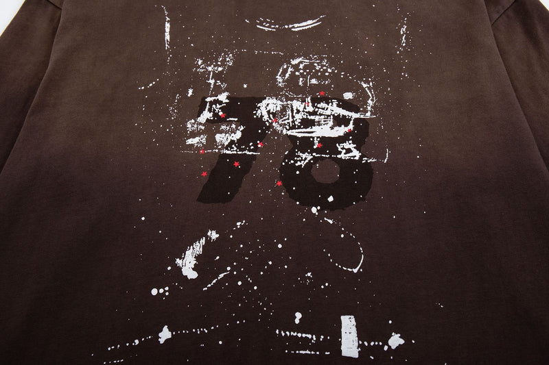 T-shirt gris à manches longues – Imprimé graffiti vintage délavé streetwear à col rond