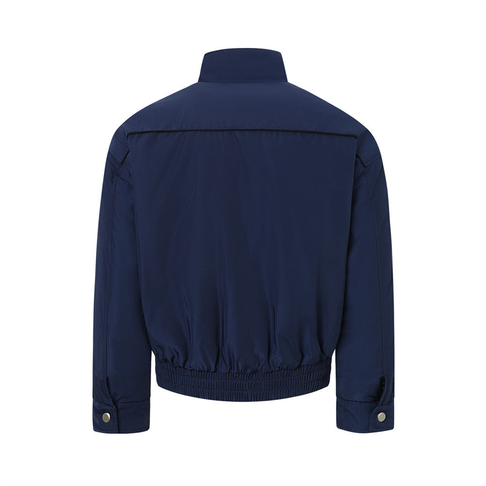 Men's Stand Collar Bomber Jacket with Padded Lining and Curved Seam Detail