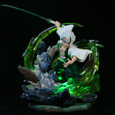 The Premium Demon Slayer Kaze Hashira Sanemi Shinazugawa Figure brilliantly captures Sanemi poised with a sword amidst green energy. With white hair, a fierce look, and a green and white outfit, the 30cm GK Model with USB light-up effects depicts the essence of this true warrior.