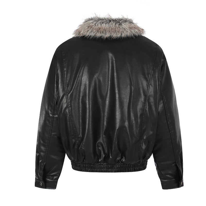 Back view of a black faux leather bomber jacket with gray fur collar