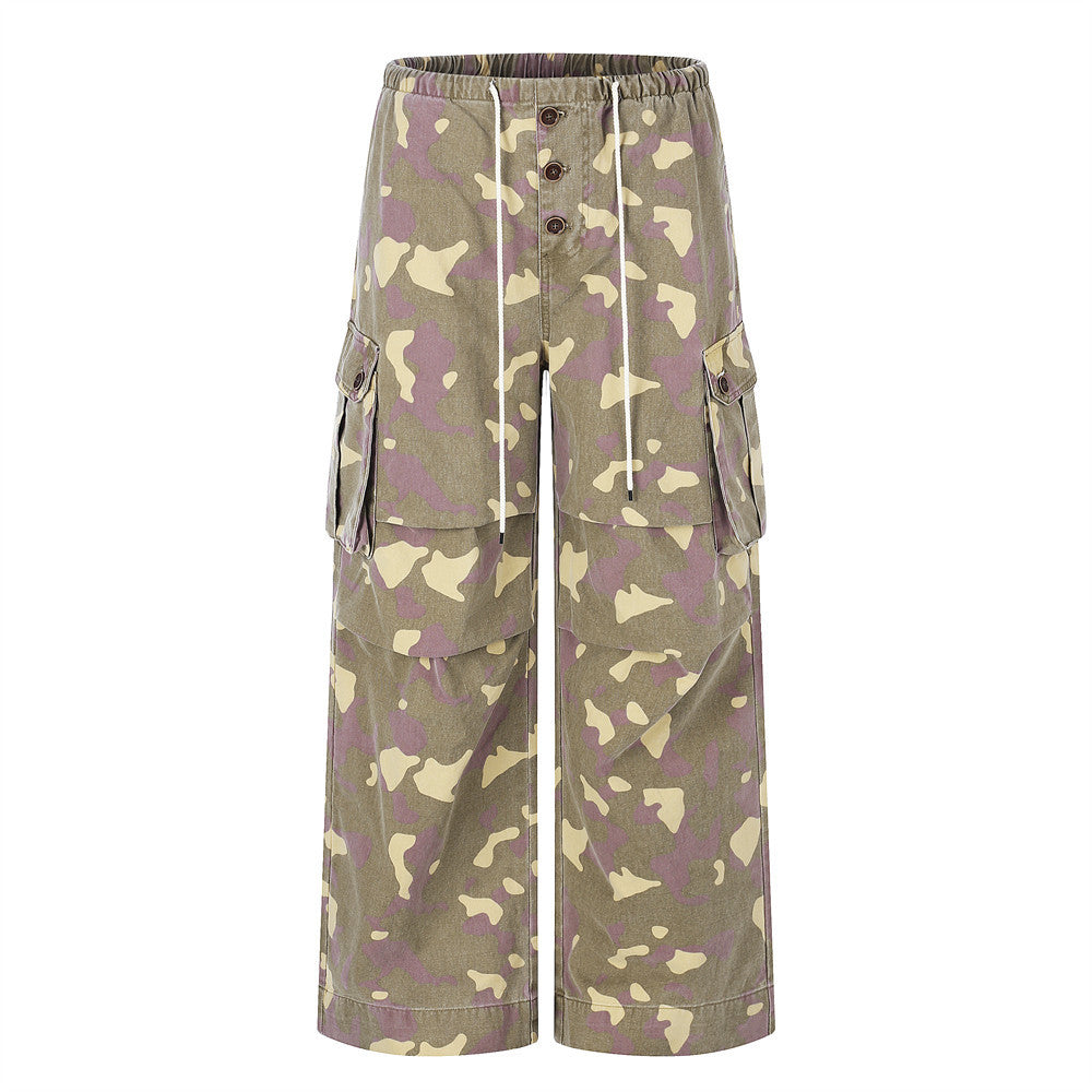 Camo Cargo Wide-Leg Pants – Vintage Washed, Multi-Pocket, Drawstring Waist