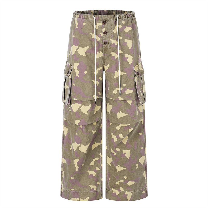 Camo Cargo Wide-Leg Pants – Vintage Washed, Multi-Pocket, Drawstring Waist