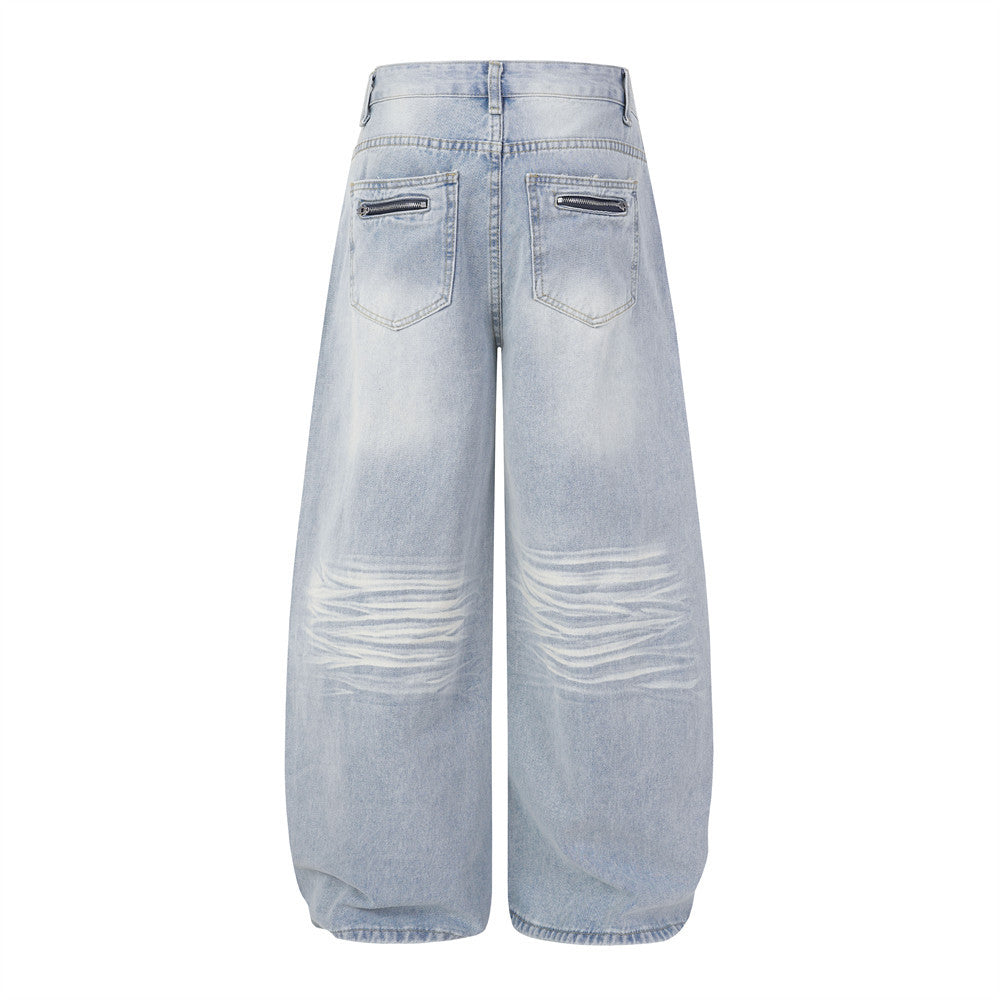 Men's Distressed Wide-Leg Baggy Jeans – Light Wash Vintage Punk Style