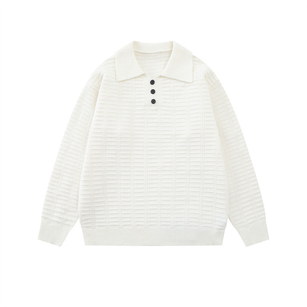 Polo-pull homme en maille texturée – Pull col boutonné à manches longues