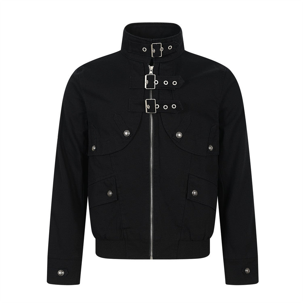 Chaqueta bomber corta para hombre con tiras de hebilla y cuello alto – Cazadora utilitaria con cremallera