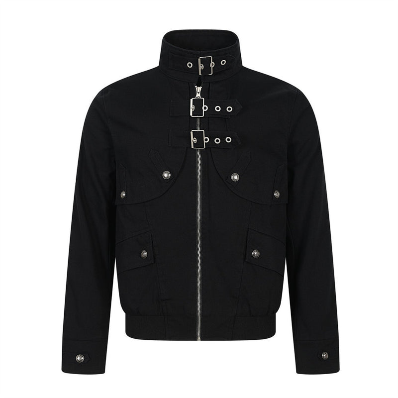 Chaqueta bomber corta para hombre con tiras de hebilla y cuello alto – Cazadora utilitaria con cremallera