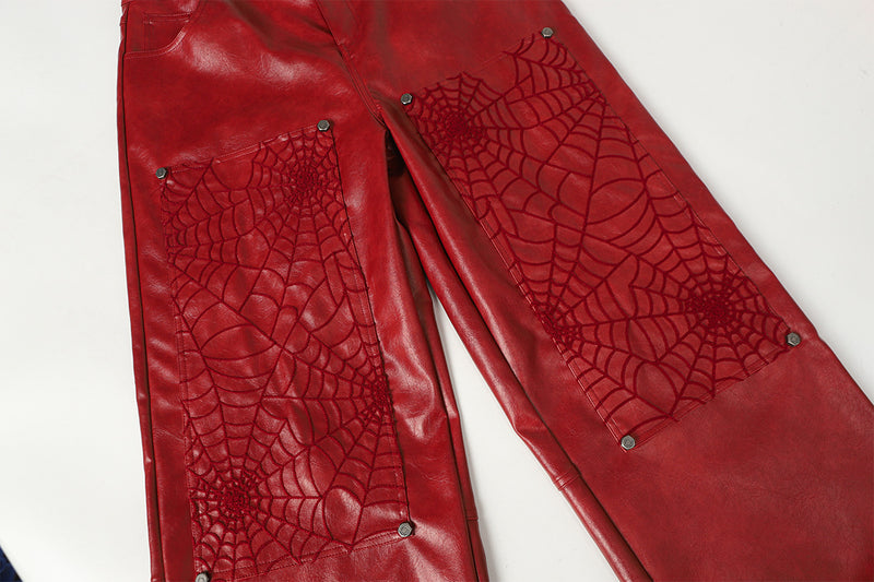 Wide-Leg Faux Leather Pants with Spiderweb Embossed Panels