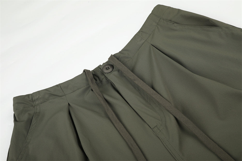 Wide-Leg Parachute Pants – Pleated Drawstring Trousers with Ruched Detail
